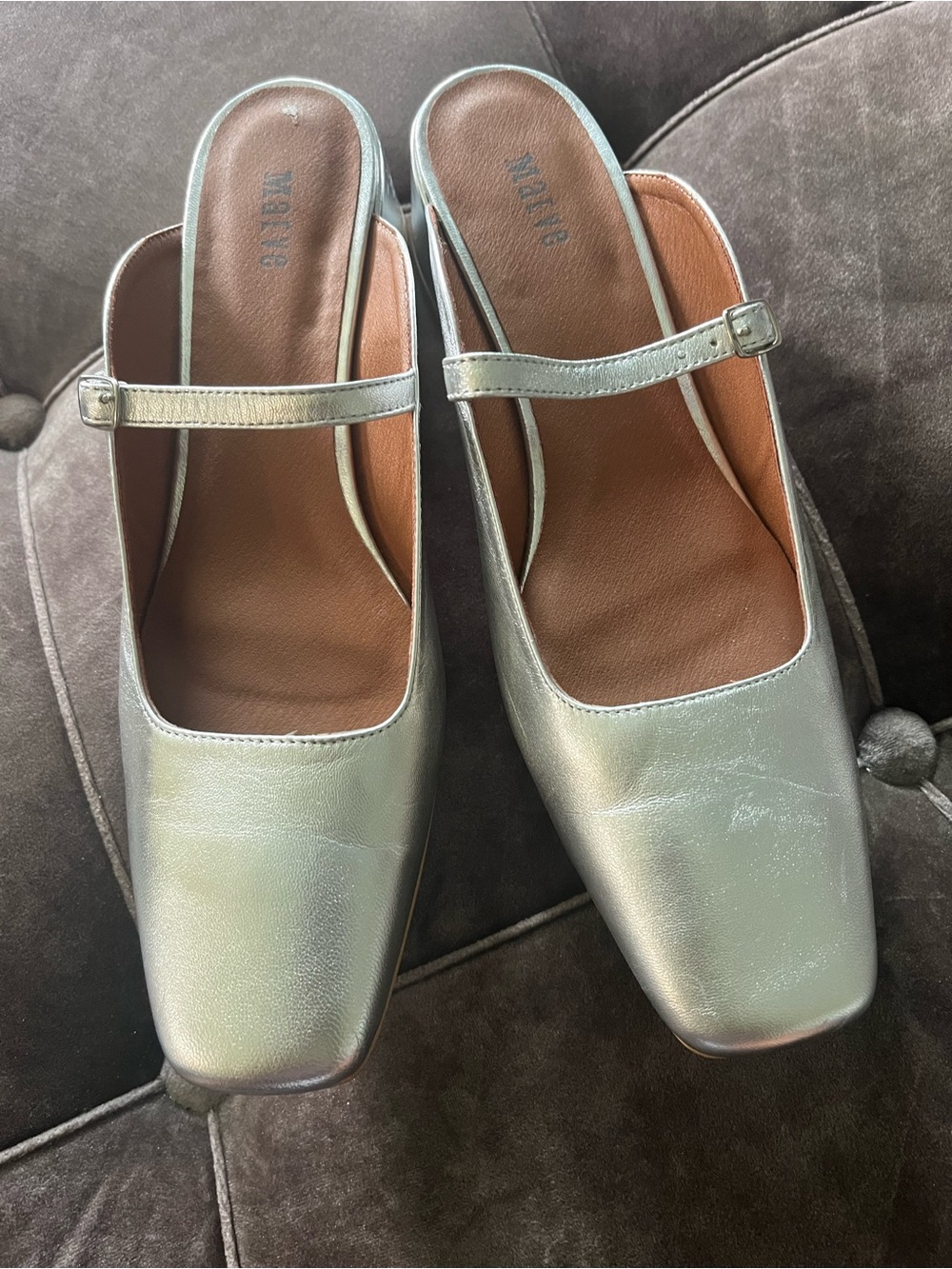 Maeve Metallic Silver Leather Mary Jane Mule Heels - Women Size 41 US 10